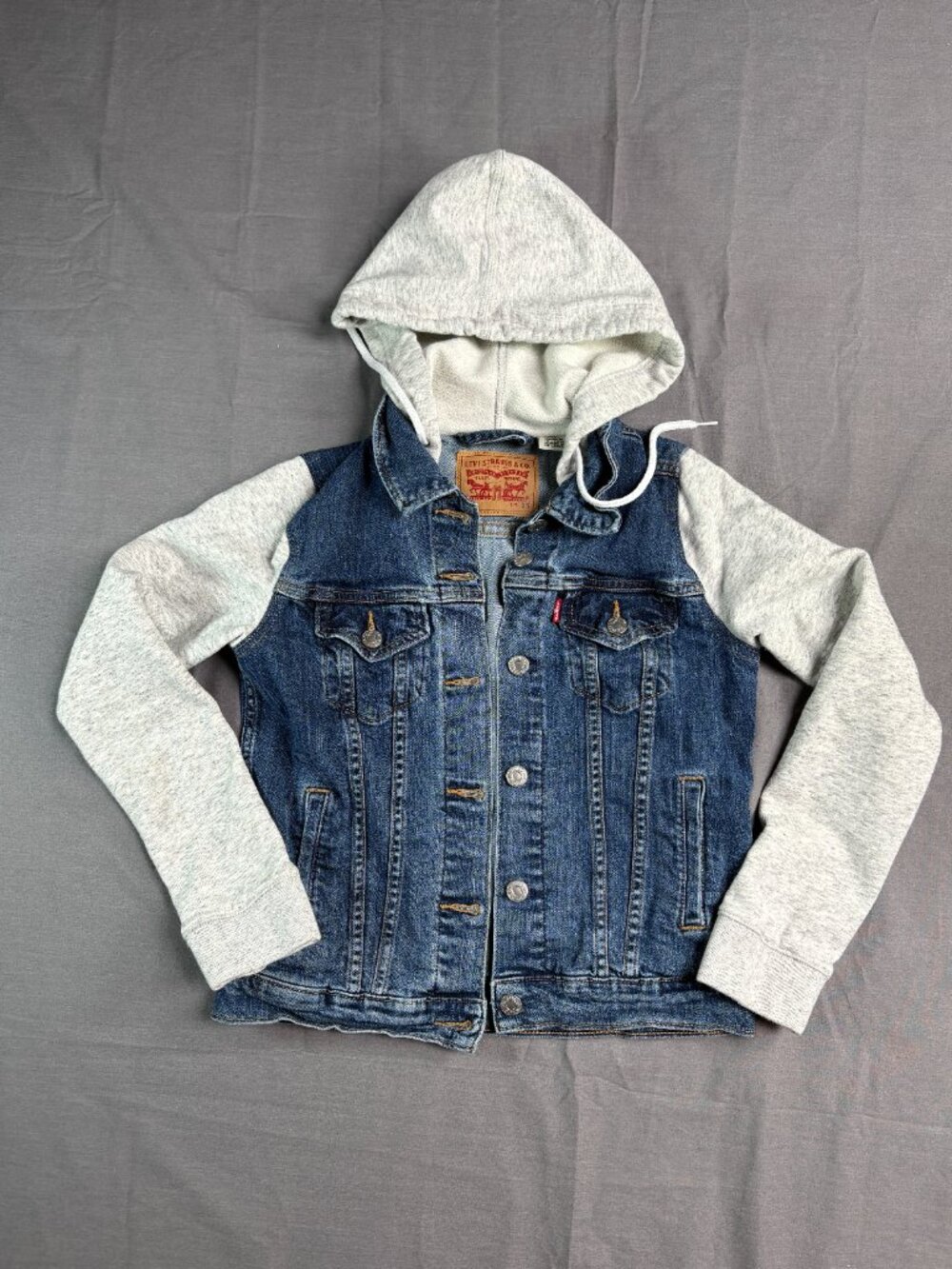 Levi's Womens Hybrid Hoodie Trucker Jacket. Women's size XS. Denim & Gray